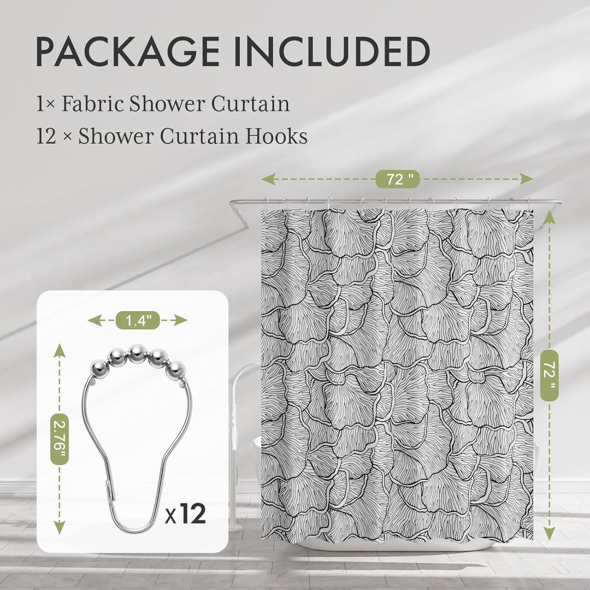 Fabric shower curtain with hooks and measurements on a neutral background