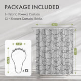 Fabric shower curtain with hooks and measurements on a neutral background