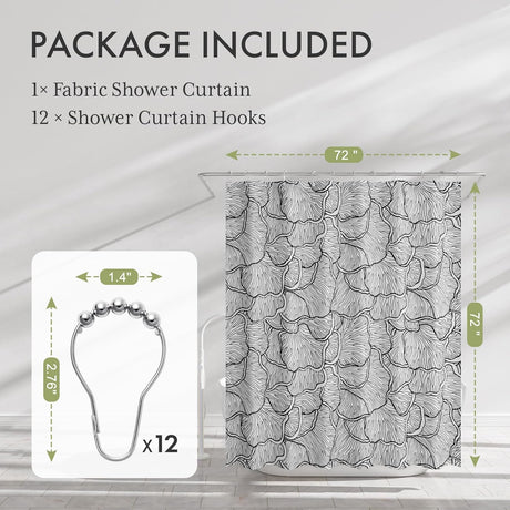 Fabric shower curtain with hooks and measurements on a neutral background