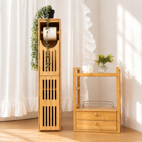 Two bamboo wooden shelves with plants and a vase against a white curtain background