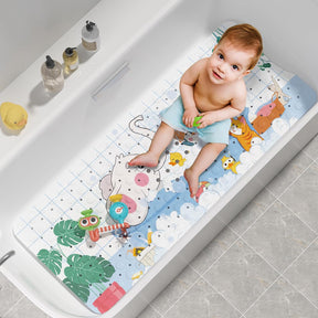 AmazerBath elephant kids non-slip bathtub mat with playful animal artwork, shown on a white background.