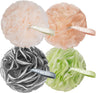 Four mesh bath pouf sponges in different colors with 'mazerBath' branding on a white background.