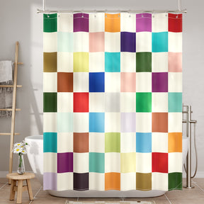Colorful checkered shower curtain in a bathroom setting