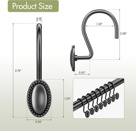 Black curtain rod set with measurements on a light gray background