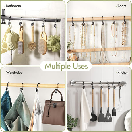 Collage of various uses for a wall-mounted metal rod with hooks in a bathroom, room, wardrobe, and kitchen.