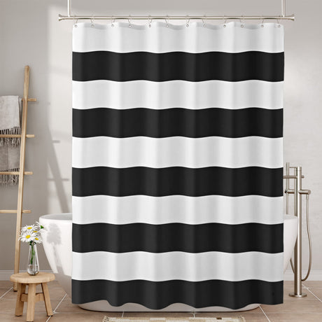 Black and white striped shower curtain in a bathroom setting.