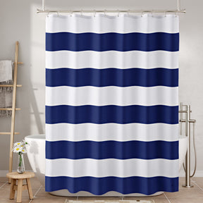 Navy and white striped shower curtain in a bathroom setting.