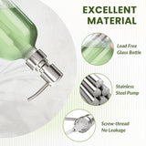 Glass bottle with stainless steel pump and text highlighting excellent material features.