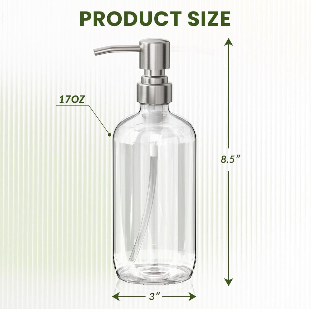Clear glass bottle with pump labeled '17oz' and dimensions on a white background
