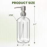 Clear glass bottle with pump labeled '17oz' and dimensions on a white background