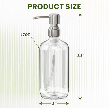 Clear glass bottle with pump labeled '17oz' and dimensions on a white background