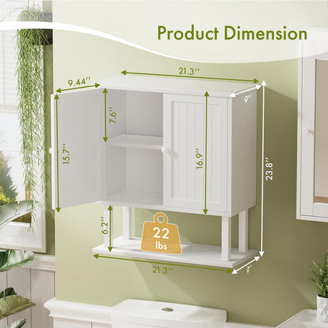 White corner cabinet with dimensions labeled on a green wall.
