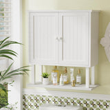 White cabinet with shelves displaying skincare products against a light green wall.