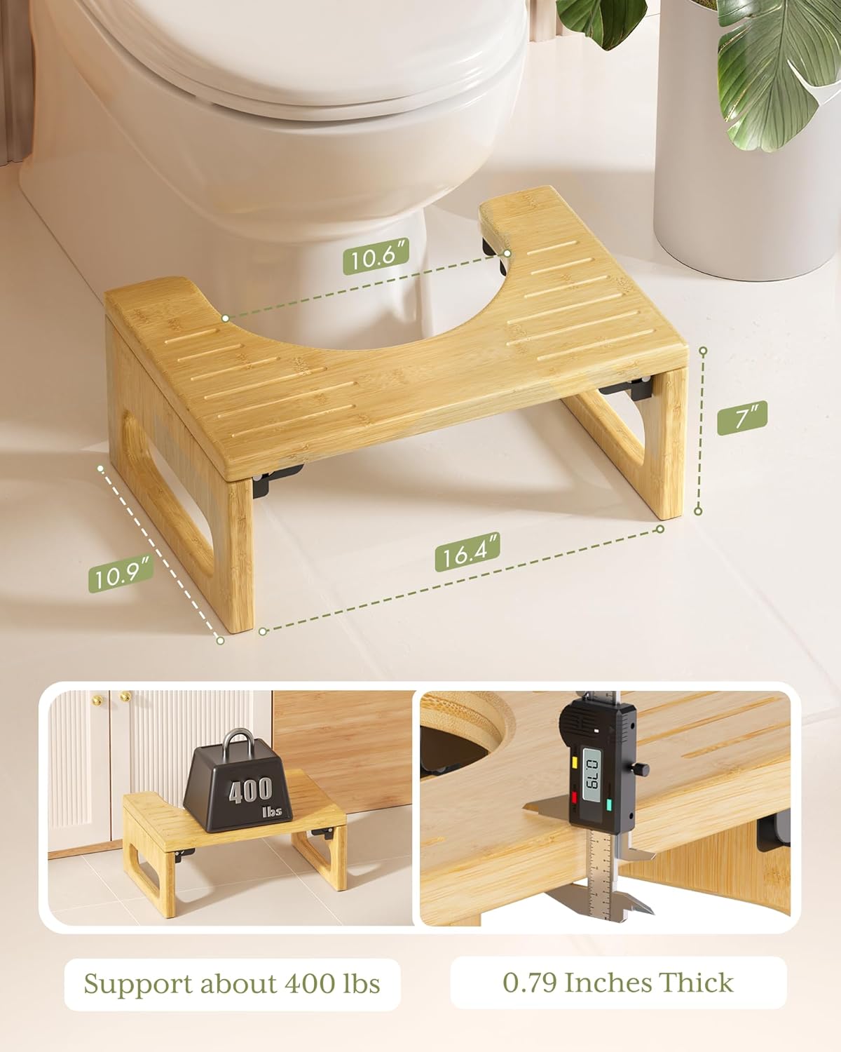 Wooden step stool with measurements and support capacity details next to a toilet.