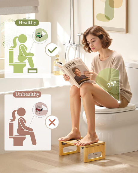 Woman using a step stool to read a magazine in a bathroom, with icons indicating healthy and unhealthy sitting positions.