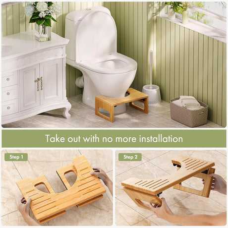 Bamboo Wooden stool with installation steps shown in a bathroom setting.