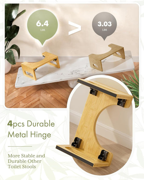 Wooden toilet stool with metal hinges on a white background, showing stability comparison.