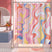 A shower curtain featuring an abstract geometric pattern with black lines on a white background, displayed in a bathroom setting.