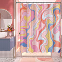 A shower curtain featuring an abstract geometric pattern with black lines on a white background, displayed in a bathroom setting.