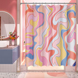 A shower curtain featuring an abstract geometric pattern with black lines on a white background, displayed in a bathroom setting.