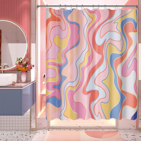A shower curtain featuring an abstract geometric pattern with black lines on a white background, displayed in a bathroom setting.
