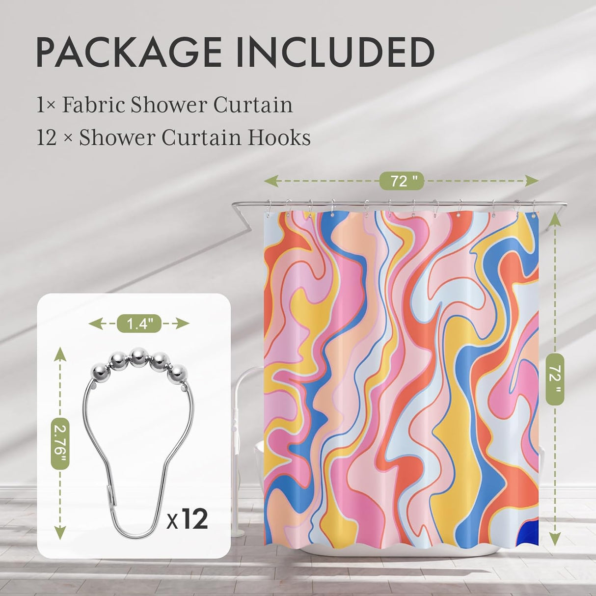 Fabric shower curtain with colorful abstract pattern and shower curtain hooks on a gray background