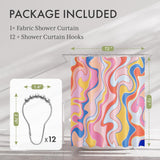 Fabric shower curtain with colorful abstract pattern and shower curtain hooks on a gray background