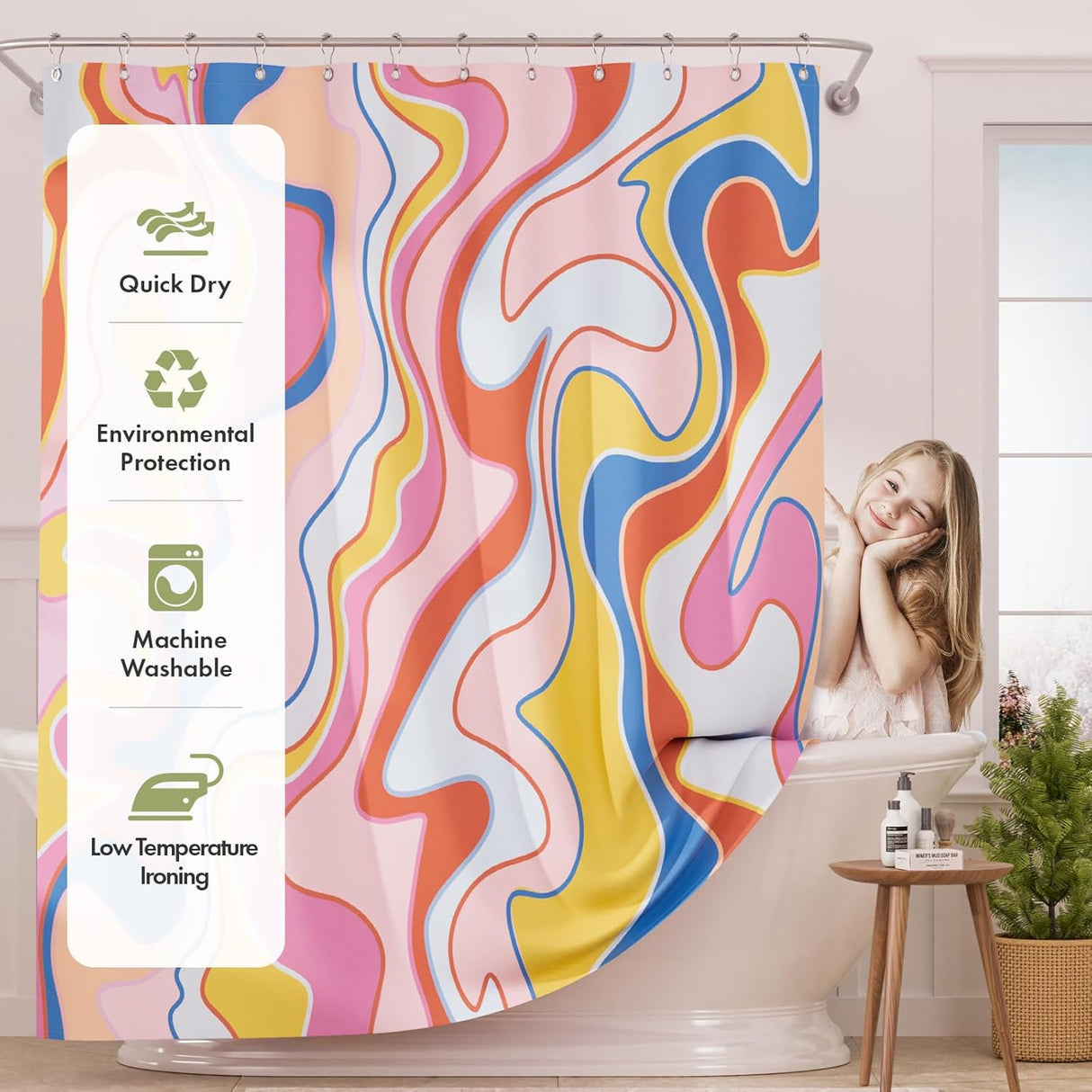Colorful abstract-patterned shower curtain with a woman in the background
