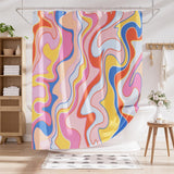 Colorful abstract patterned shower curtain in a bathroom setting.
