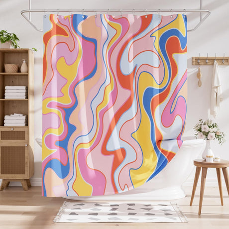 Colorful abstract patterned shower curtain in a bathroom setting.