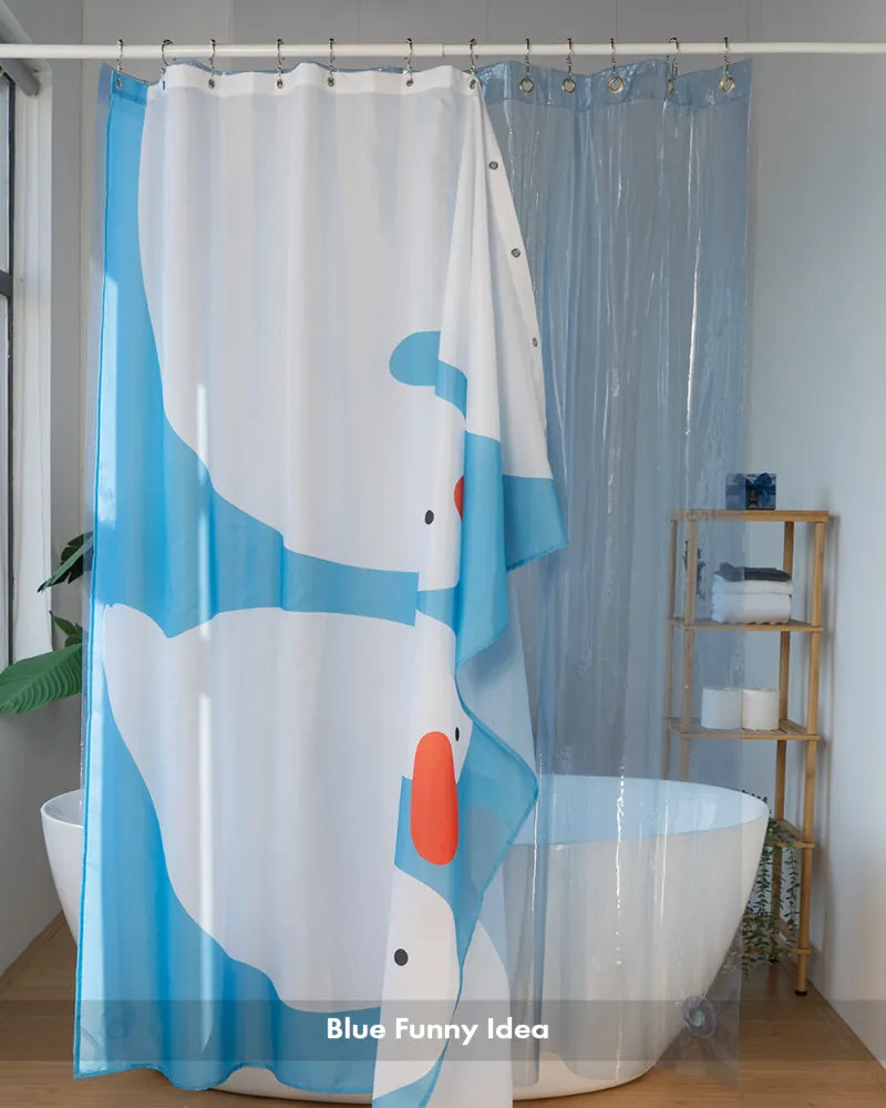 AmazerBath blue funny shower curtain with 12 rings and playful abstract design surrounding a freestanding tub.