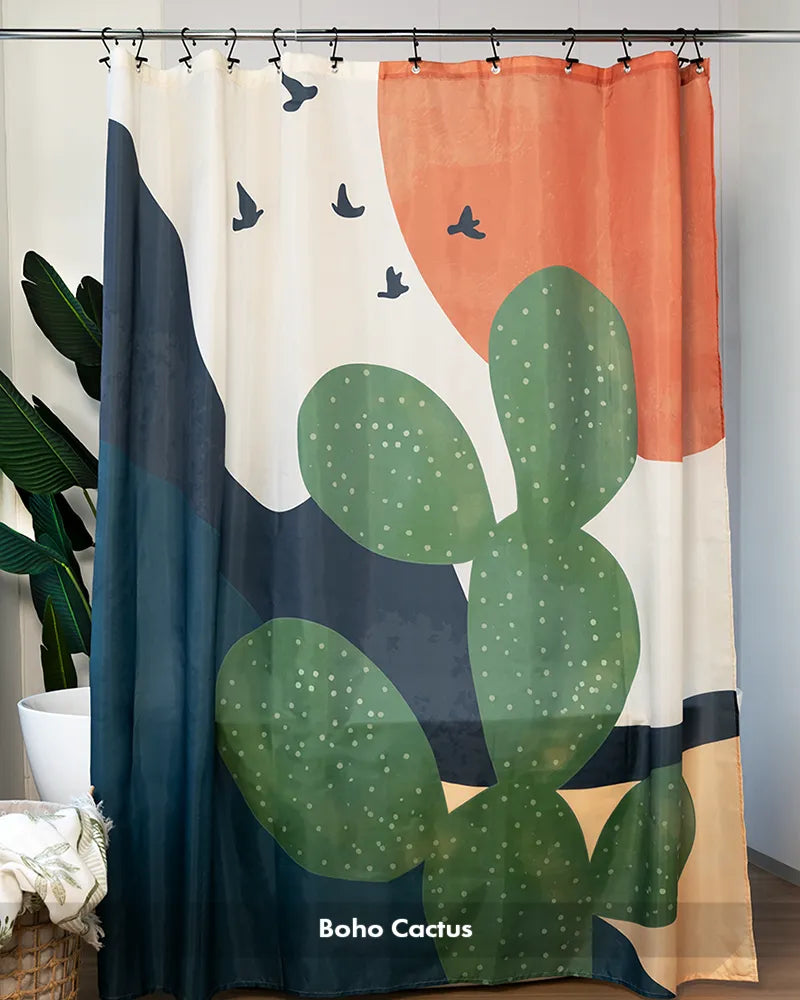 Customer bathroom photo showing a boho Cactus shower curtain with 12 rings, displayed as a complete curtain set.
