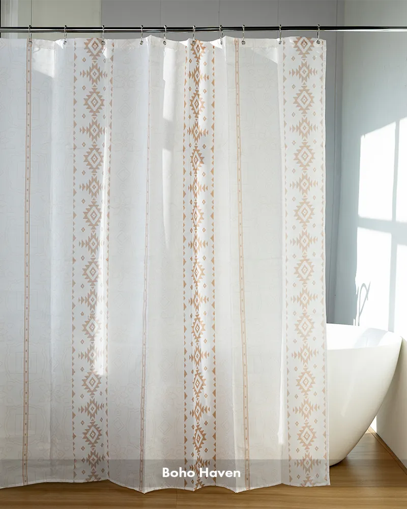 Customer bathroom photo showing a boho Haven shower curtain with 12 rings, displayed as a complete curtain set.