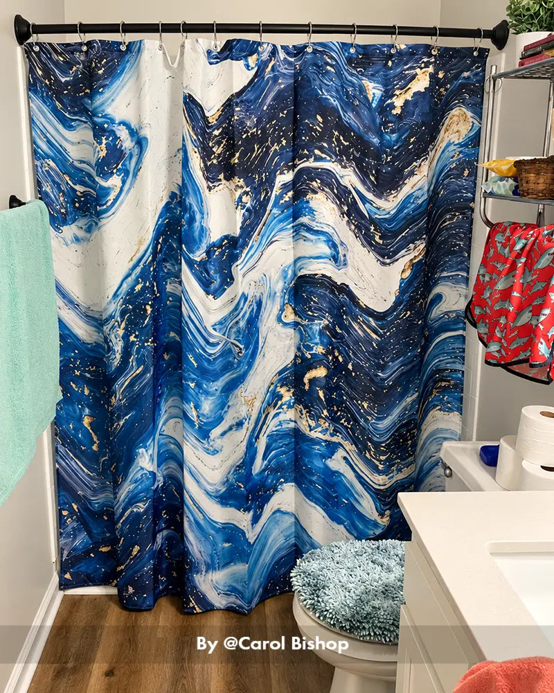 AmazerBath blue marble-pattern shower curtain with 12 rings displayed between a white toilet and bathroom vanity.