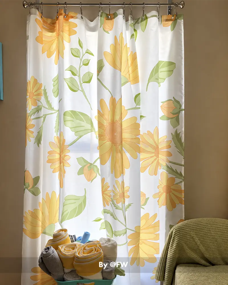AmazerBath yellow floral shower curtain with 12 rings brightening a cozy bathroom with warm botanical decor.