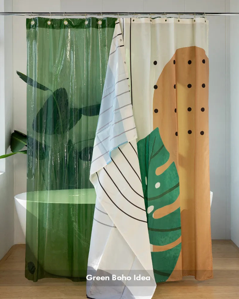 AmazerBath green boho shower curtain with 12 rings featuring abstract botanical shapes beside a white bathtub.