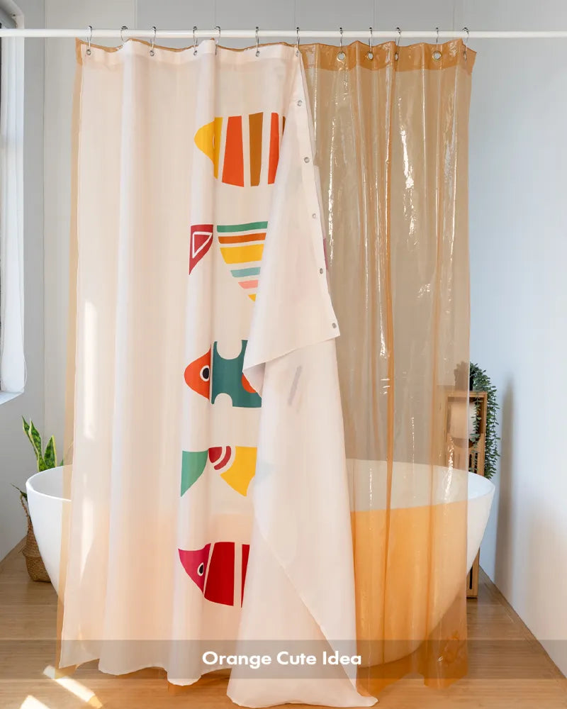 AmazerBath orange cute shower curtain with 12 rings and playful abstract artwork displayed around a white tub.