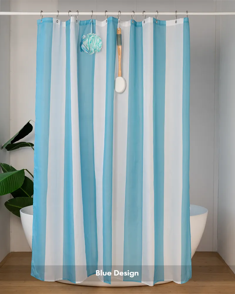 AmazerBath blue striped shower curtain with 12 built-in rings displayed in a bright bathroom beside a white tub.
