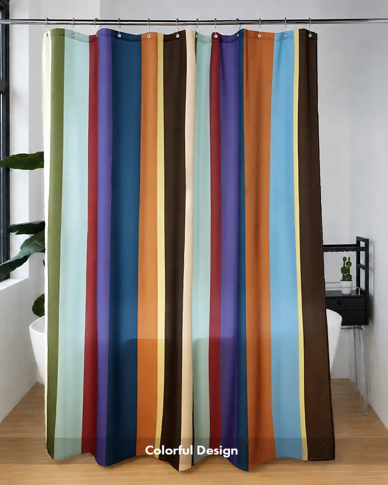 AmazerBath colorful striped shower curtain with 12 built-in rings displayed in a bright modern bathroom setting.