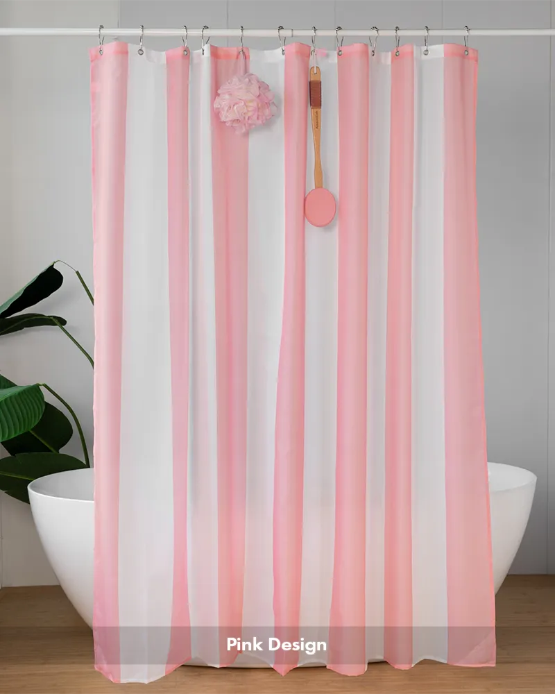 AmazerBath pink striped shower curtain with 12 built-in rings hanging in a bright bathroom beside a white bathtub.