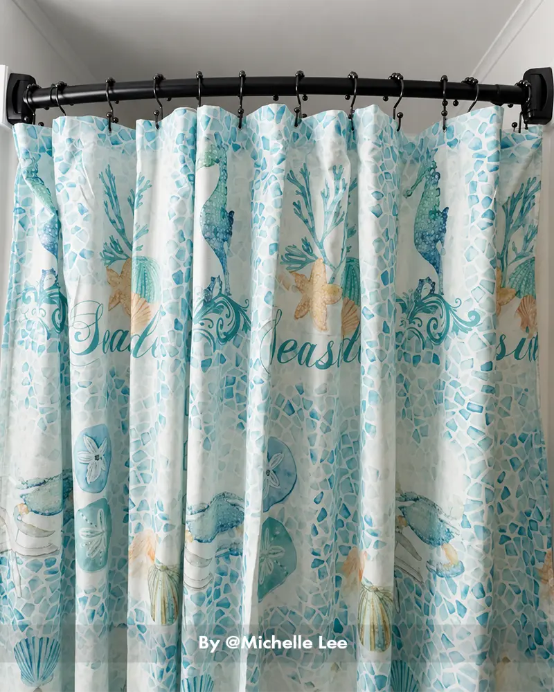 Customer bathroom photo showing a curved shower curtain rod installed above a tub, with the curved shape visible.