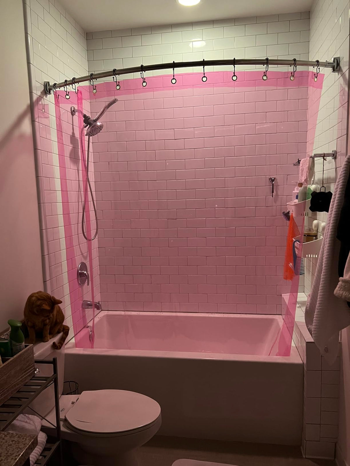 Pink shower curtain in a bathroom