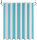 Striped shower curtain with blue and white vertical stripes on a white background