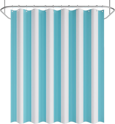 Striped shower curtain with blue and white vertical stripes on a white background