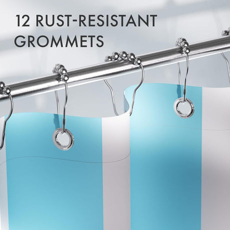 Shower curtain with rust-resistant grommets and text '12 Rust-Resistant Grommets'.