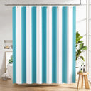 Striped shower curtain with blue and white vertical stripes in a bathroom setting.