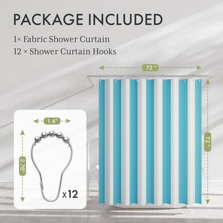 Fabric shower curtain with hooks on a gray background