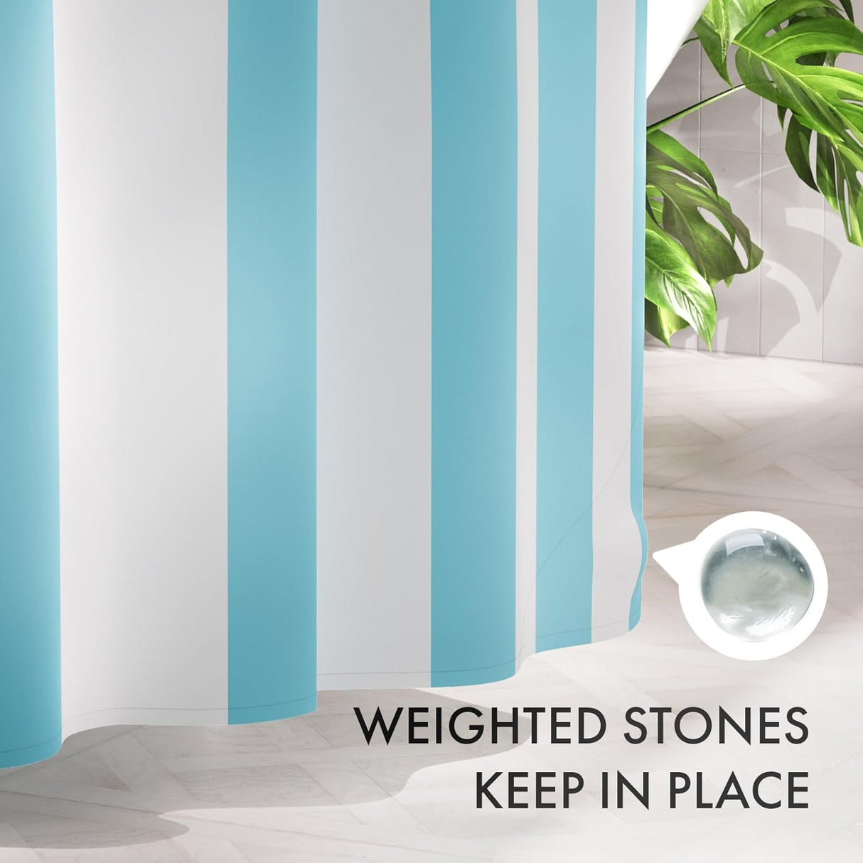 Striped curtain with a weight stone and text 'Weighted stones keep in place' on a light background.