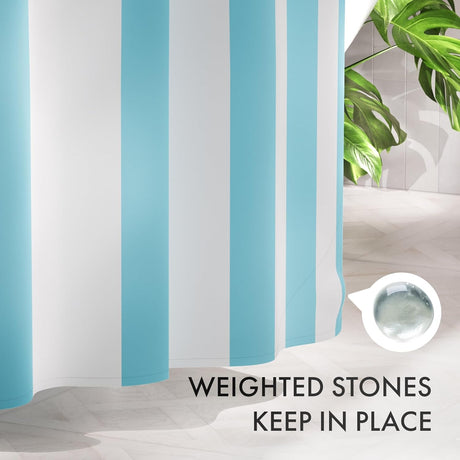 Striped curtain with a weight stone and text 'Weighted stones keep in place' on a light background.