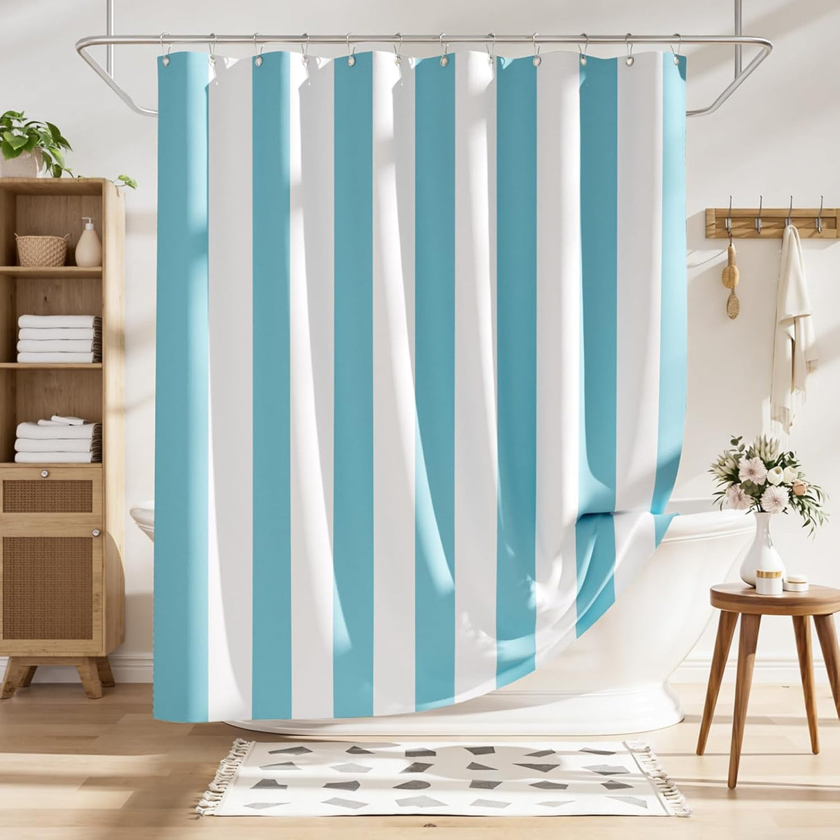 Striped shower curtain with blue and white vertical stripes in a bathroom setting.